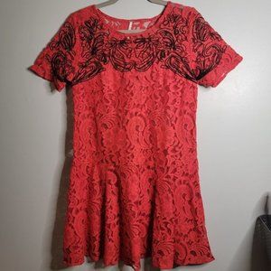Free People Small Red Lace Overlay Dress w/ Ruffles